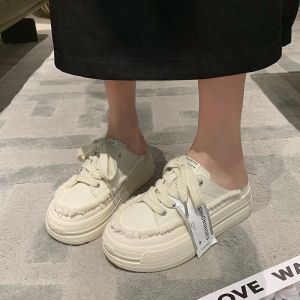 Niche design baotou half slippers womens 2024 summer casual fashion height increase trendy womens canvas shoes womens fluffy slippers