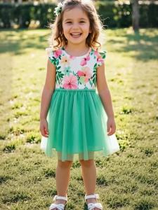 Summer Girls Dress Floral Print Ruffle Sleeve Mesh Tutu Princess Dresses Kids Party Outfits 1-8 Years Girls Daily Casual Wear