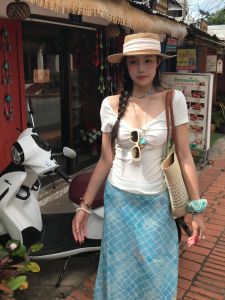 กระโปรงทรงเอผู้หญิงเอวยางยืดลายปลาดุกสีน้ำเงิน เอฟเฟกต์รอยคลื่น กระโปรงยาวผู้หญิงบาง ฤดูร้อน 2024