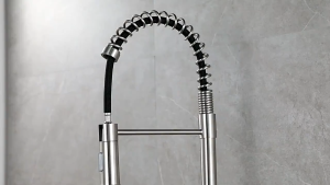 Gold kitchen faucet with flexible neck and single handle. Water saving soft and smooth water flow efficient cleaning switch at will.