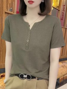 HUAXUNRAN | V-Neck Slimming Plus Size Youthful Womens Short Sleeve T-Shirt