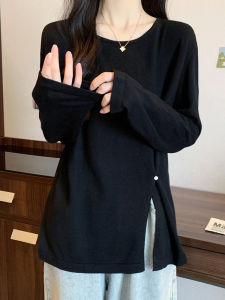 plus Size Womens Spring New Asymmetrical Slit Knitted Top Loose Base Layer Meat Concealing Slimming Belly Covering Shirt