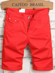 2025 New Red Denim Casual Pants for Men Summer Short Shorts Loose Fit Breathable Cotton Blend Youth Fashion Casual Trousers