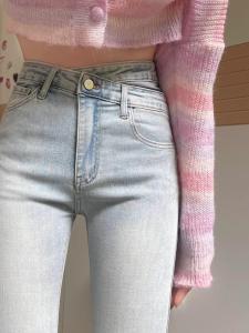 High Waist Slim Fit Straight Leg Micro Flared Jeans Light Wash Irregular Design for Short Women Casual Cotton Stretch Denim
