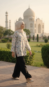 Floral Muslimah Blouse with Zip Back - Long Cut - Comfortable for OOTD & Office