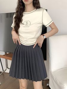 กระโปรงสั้นทรงเอเอวสูงสไตล์วิทยาลัย Li Anni ฤดูร้อนปี 2023 กระโปรงสั้นทรงเอผ้าฝ้ายลายจุดสีพื้นสำหรับผู้หญิงวัย 18-24 ปี