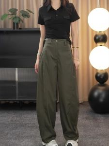 กางเกงขายาวทรงหลวมเอวสูงสีเขียว ทรงเข้ารูป สำหรับผู้หญิง ฤดูร้อน 2025 กางเกงขายาวทรงหลวมสบาย ๆ