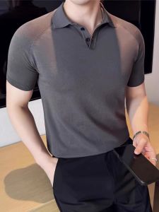 LCelulose Fiber Short Sleeve Polo Shirt Mens Summer Thin Ice Silk High Sensation Slim Fit Turn-down Collar T-shirt Breathable