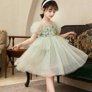 Princess Style Summer New Green Puffy Tulle Dress Children Girls Fairy Skirt Short Sleeve Polyester Fiber Clothing for Kids