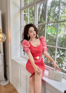 ZY·HT Dinner Womens Elegant 2024 New Stereoscopic Flower Bubble Sleeve Slim Midi Dress 20052