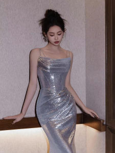 Silver Sequin Strapless Evening Gown Elegant Hostess Wedding Dress Luxury Lightweight for Party Performance And Anniversary