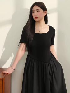 LANYU | Slimming Spliced Waist Large Size Womens Dress Black Square Neckline
