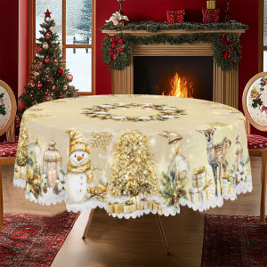 1 Piece of Merry Christmas Themed Gold Printed Tablecloth Featuring Snowmen Reindeer Christmas Trees and Wreath Designs Suitable for Christmas New Years Parties Party Decorations Kitchen Accessories Room and Outdoor Decorations Gifts for Fri...