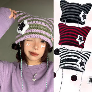 หมวกถักทรง Beanie หูแมวน่ารักสำหรับผู้หญิงฤดูหนาวถัก Y2K เกาหลีลายหมวกครอบทรงถังปีศาจน้อย