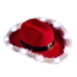 Fashion Santa Claus Party Christmas Luminous Cowboy Hat Western Red Felt Hats Wide Brim Cowgirl Hat Jazz Hat for Women Men