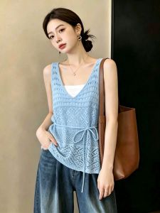 V-neck Knit Top Summer Plus Size Design Fashion Belted Hollow Out