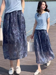 MEITESIJIAONU | Lightweight Blue Tencel Linen A-line Skirt