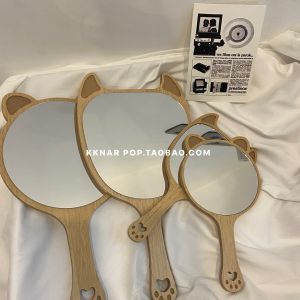 Wooden Cat Hand-Held Makeup Mirror HD Mirror Ins Classy Cute Large Size Retro Dressing Mirror Student Portable
