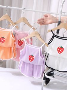 Girls Ice Silk Strap Home Clothes Set Summer Breathable Moisture Wicking Short Pants Sleepwear for Babies Toddlers Kids