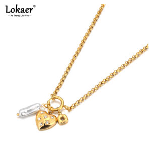 Lokaer Stainless Steel Pearl Heart Pendant Necklaces for Women Rust Proof Metal Gold Color Fashion Personality Jewelry N24099