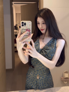 High Waist Midi Skirt And Top Set Womens Summer Fashion Outfit Vintage Polka Dot Knot Design Long Sleeve V Neck Two Piece Set