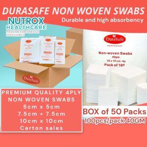 BOX of 50 Packs DURASAFE Non Woven Gauze Swab 4ply Size: 5cm x 5cm 7.5cm x 7.5cm 10cm x 10cm Packing: 100pcs/pack 40G