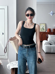 Black One-Piece Square-Neck Backless Vest Womens Summer Outerwear Inner Matchings Strap Tops Slimming Style Regenerated Cellulose Fiber