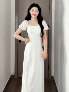 HUAYILING | French Initial Beautiful White Square Collar Bubble Sleeve Dress Women Summer 2025 New Elegance Waist Cinched Long Dress