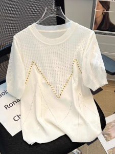 WANGGONGZHU | Color Block Hollow Out Knitwear Women Summer New Design Round Neck Elegant Short Sleeve T Shirt Ice Silk Thin Korean Style