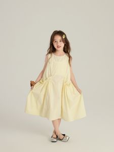 Summer Childrens Sweet Pure Color Sleeveless Ruffled Hem Dress