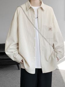 Corduroy Casual Shirt Mens Long Sleeve Loose Fit Collared Top Trendy Brand Spring Autumn Outerwear Classic Standard Style Polyester Fiber