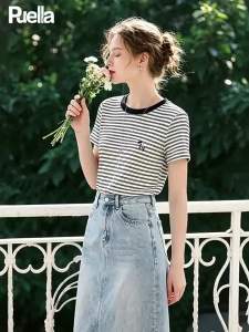 puella | Áo Thun Nữ Trẻ Trung Ôm Sát Cổ Tròn Có Thêu Dây Kẻ Đối Chiếu