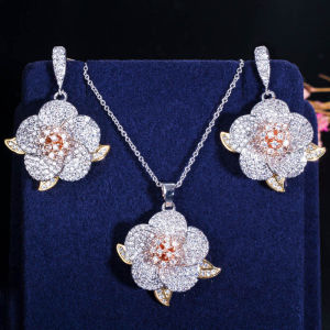 SEQUITO Luxury Women Jewelry Set Tricolor Electroplating Full Pave Shiny Crystal Stone Geometric 3D Flower Shape Big Party Pendant Delicate Necklace Earrings SJ359