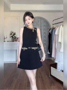 Elegant A-Line Mini Dress without Sleeves Waist-Cinched Black Dress for Women High Waist Commute Style Short Skirt