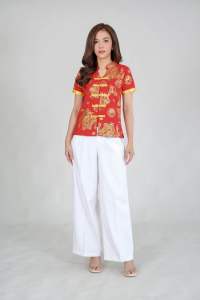 พร้อมส่ง!! เสื้อตรุษจีนหญิง พิมพ์ผงทองคำ(เผื่อไซส์ก่อนสั่ง) กุ๊นทอง