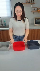 Non-Stick Silicone Air Fryer Liners Grey Red 2Pcs Heat Safe Square Baking Basket