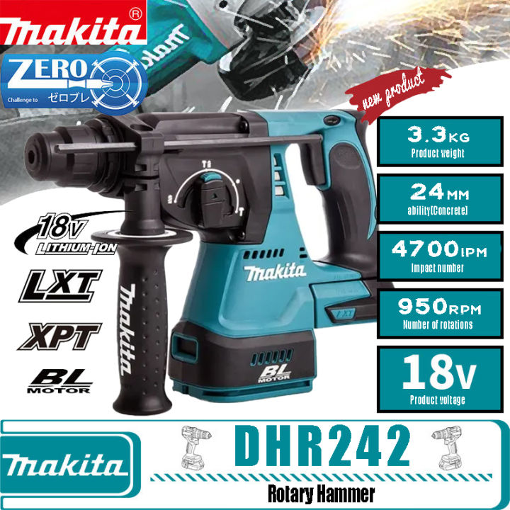 Makita Impact Hammer DHR242 18V LXT 24mm Rotary Hammer Concrete body only electric hammer impact drill rechargeable Brushless Cordless 24mm Rotary Hammer Rechargeable Electric Drill Power Tools(with 2 batteries + charger)