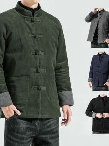 Retro Chinese Style Thickened Cotton Padded Mens Winter Jacket with Corduroy Material Button Design Large Size Coat