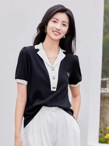 WANGGONGZHU | Princess Style Short Sleeve V-Neck Polo T-Shirt Women Summer Fashion Color Block Design Sense Simple Commute Polyester Cotton Spandex Blend