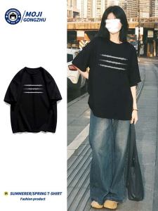 Retro American Black Short Sleeve Cotton T-Shirt Women Summer Trendy High Street Loose Casual Heavy Top for Couples