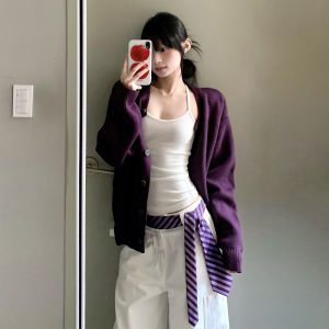 Korean Style Purple Knitted Sweater Coat Womens Autumn Winter New Fashion Lazy High-End Feelings Loose Fit Short Outerwear