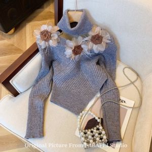 Stunning 3D Flower V-Neck Sweater Womens Autumn Style Scarf Knitted Top French Waist-Cut Short Sweet Fit Long Sleeve Sweater