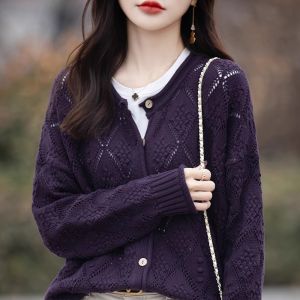 Retro Plaid Cut Out Long Sleeves Knitting Cardigan Womens Short Coat Brocade Sweater Loose Casual Outer Tops New Arrival