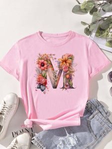 A B C D E English Alphabet Floral Print Pink T Shirt Women New Summer Female T-Shirt Harajuku Casual Tops Tshirts
