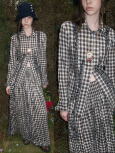 1JINN STUDIO | Vintage Patchwork Ruffled Checked Collar Contrast Colors Loose Dress Shirt
