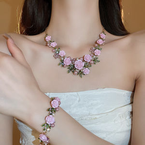 Romantic Rose Flower Necklace Bracelet Stud Earrings Jewelry Set Womens Fashion Pink Purple Choker Necklace Party Wedding K0