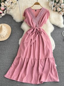 Elegant V-neck Bubble Sleeve Womens Dress with Waist-cinching Bow A-line Skirt Chiffon Mid-length Summer Fashion Dress