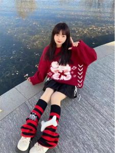Red Mink Velvet Sweater for Women Loose Knitted Top Butterfly Knot Autumn Winter Spring High School Students Casual Style