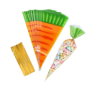 20/50pcs Easter Carrot Shape Cone Candy Bags Transparent Plastic Bag Popcorn Candy Package Bag Childrens Day Spring Party Gift