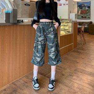 American Streetwear Vintage Camouflage Wide Leg Jeans Womens Spring Summer New High Waist Loose Straight Workwear Seven-Foot Pants